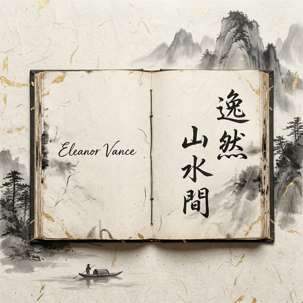 Traditional Chinese ink wash painting showing an open thread-bound book with an English name on one page and Chinese calligraphy on the other
